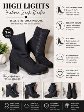 HIGH LIGHTS Fabric Sock Bootie 7M Black